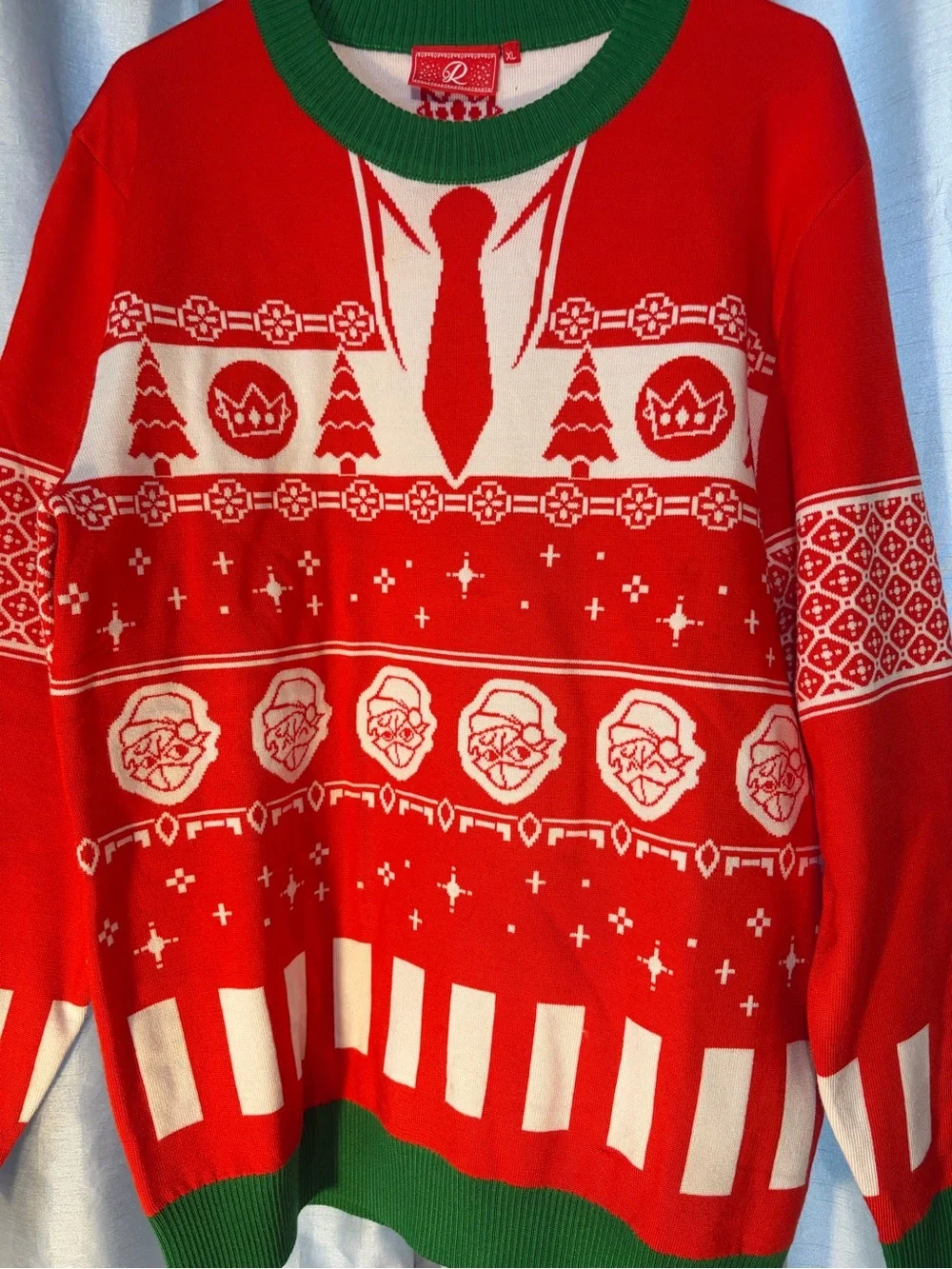 Holiday Red Knit Sweater with Green Trim - RANBOO-Revolt brand Size XL